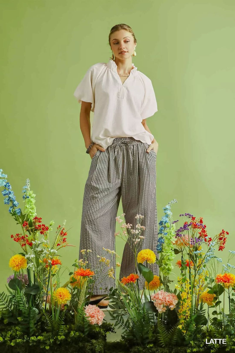Umgee Drawstring Striped Wide-Leg Pants
