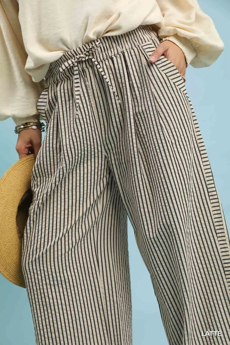 Umgee Drawstring Striped Wide-Leg Pants