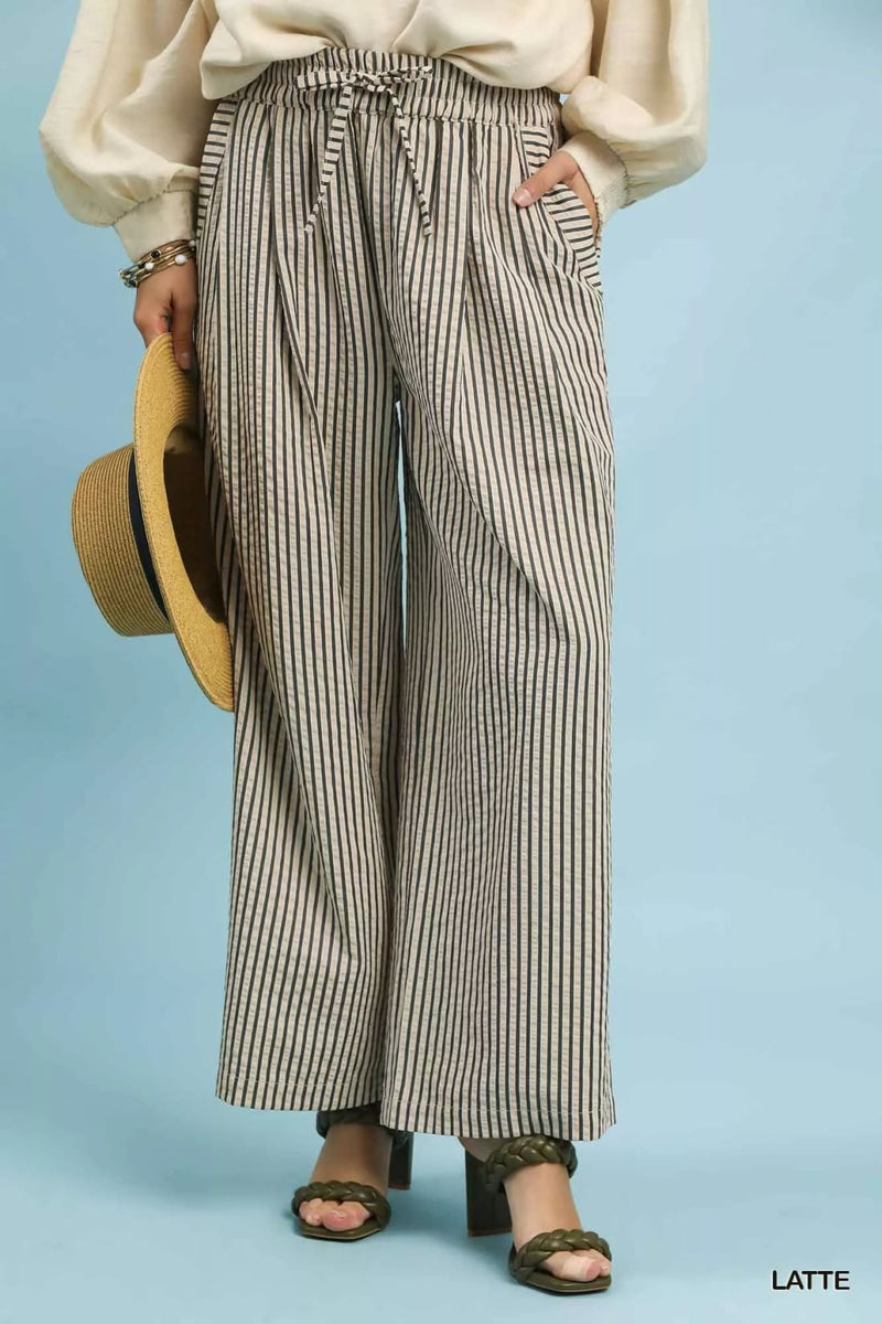 Umgee Drawstring Striped Wide-Leg Pants