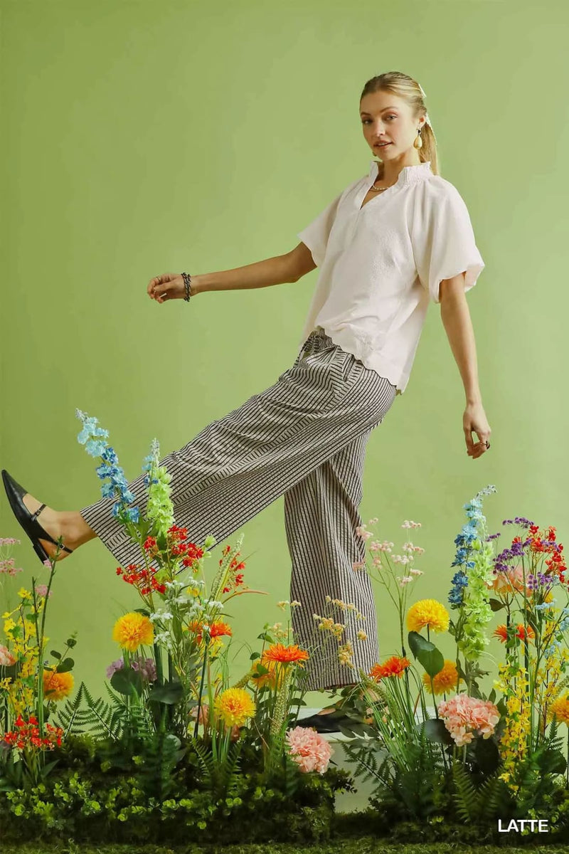 Umgee Drawstring Striped Wide-Leg Pants