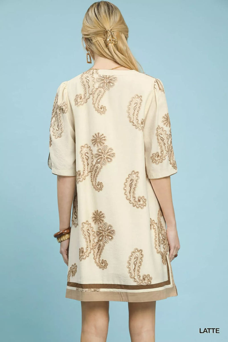 Umgee Embroidered Split Neck Shift Dress