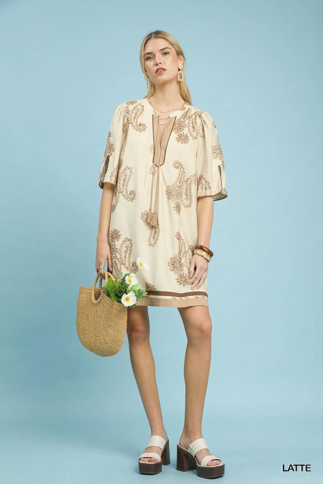 Umgee Embroidered Split Neck Shift Dress