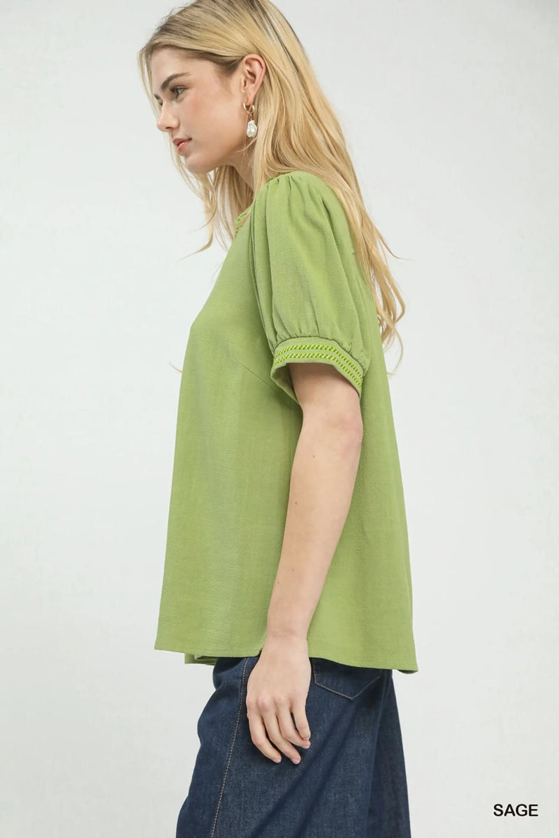 Umgee Embroidery Linen Puff Sleeve Blouse