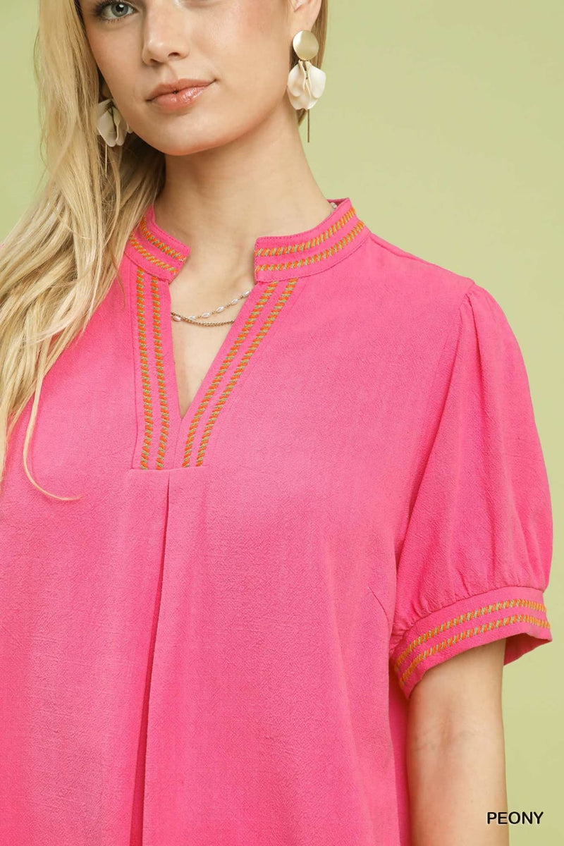 Umgee Embroidery Linen Puff Sleeve Blouse