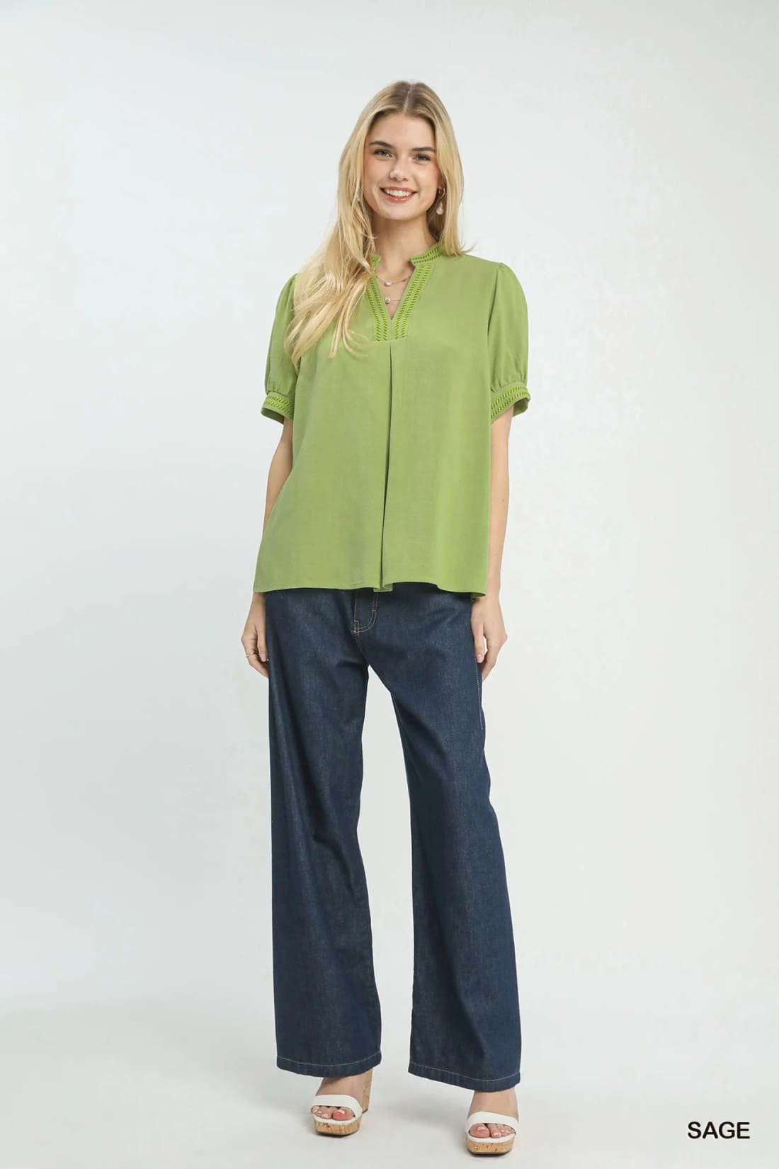 Umgee Embroidery Linen Puff Sleeve Blouse
