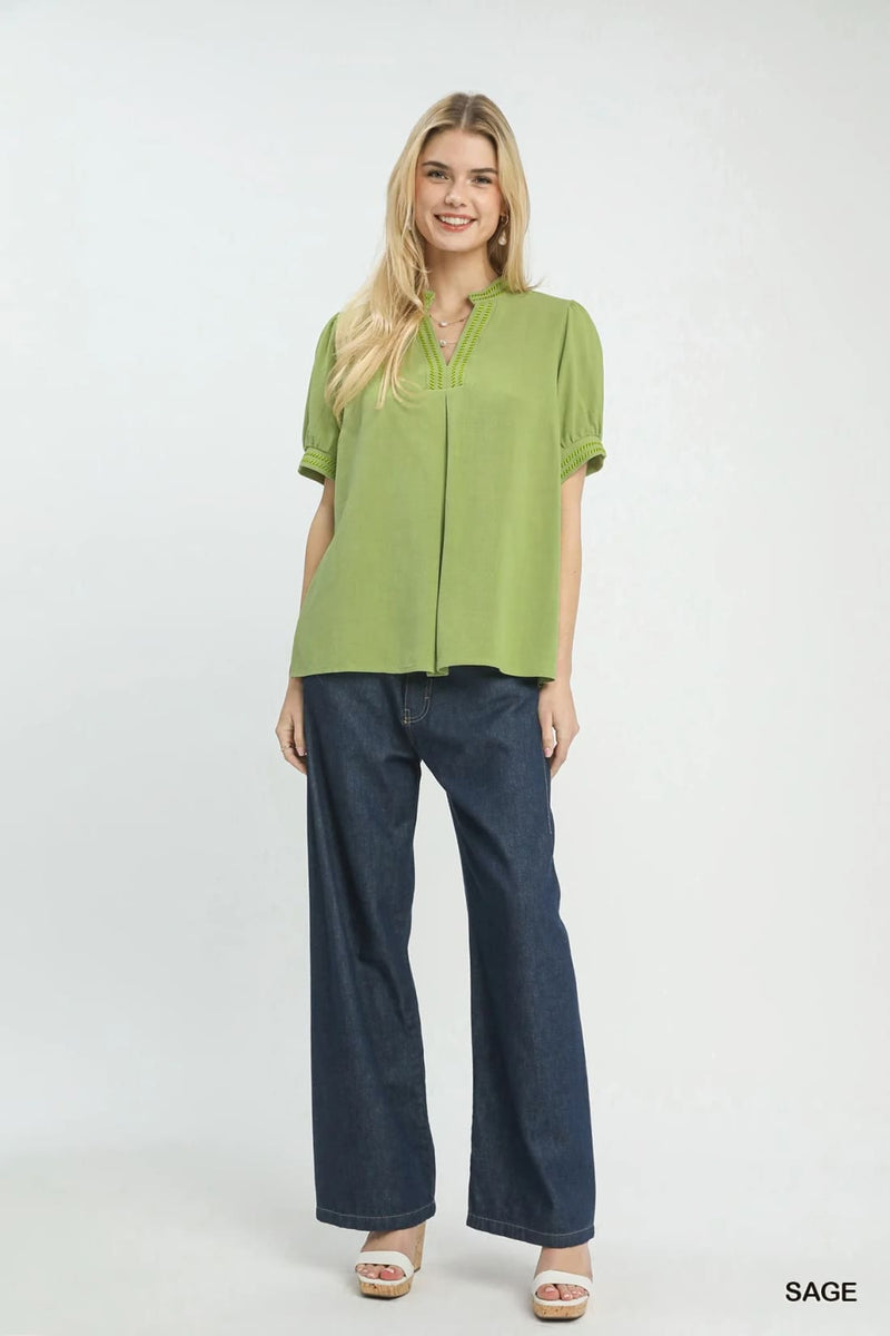 Umgee Embroidery Linen Puff Sleeve Blouse