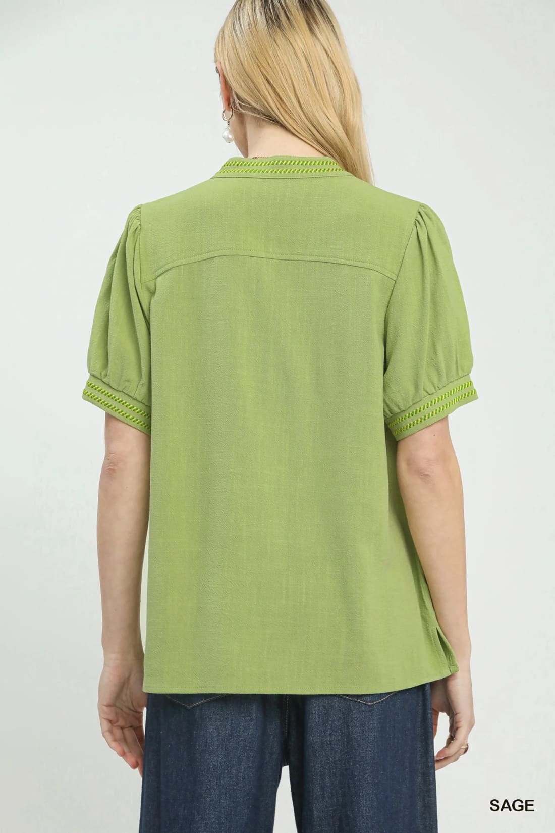 Umgee Embroidery Linen Puff Sleeve Blouse