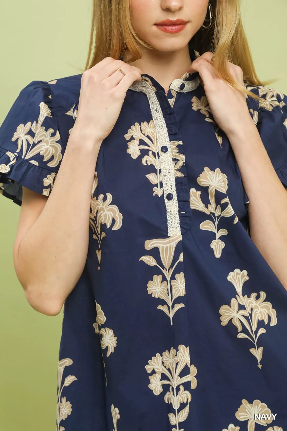 Umgee Floral Ruffle Sleeve Split-Neck Top