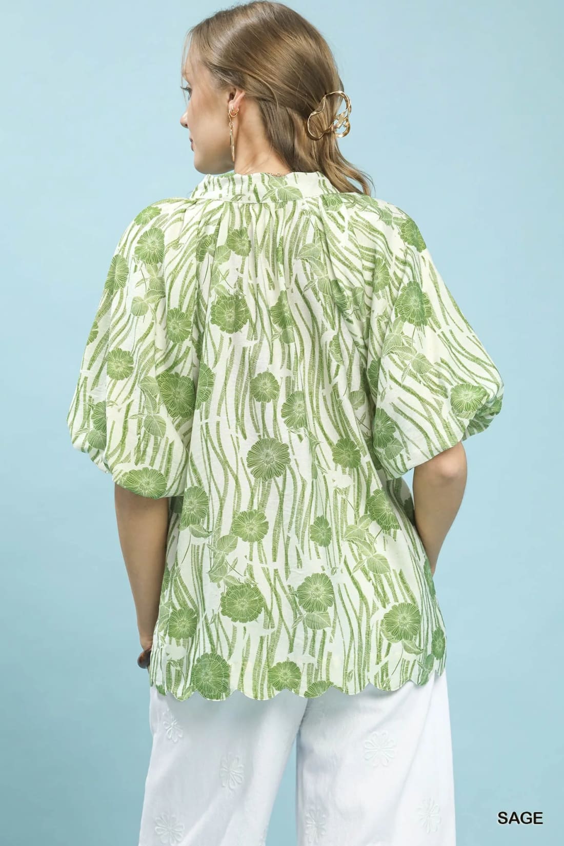 Umgee Floral Scalloped Edge Puff Sleeve Blouse with High-Low Curved Hem