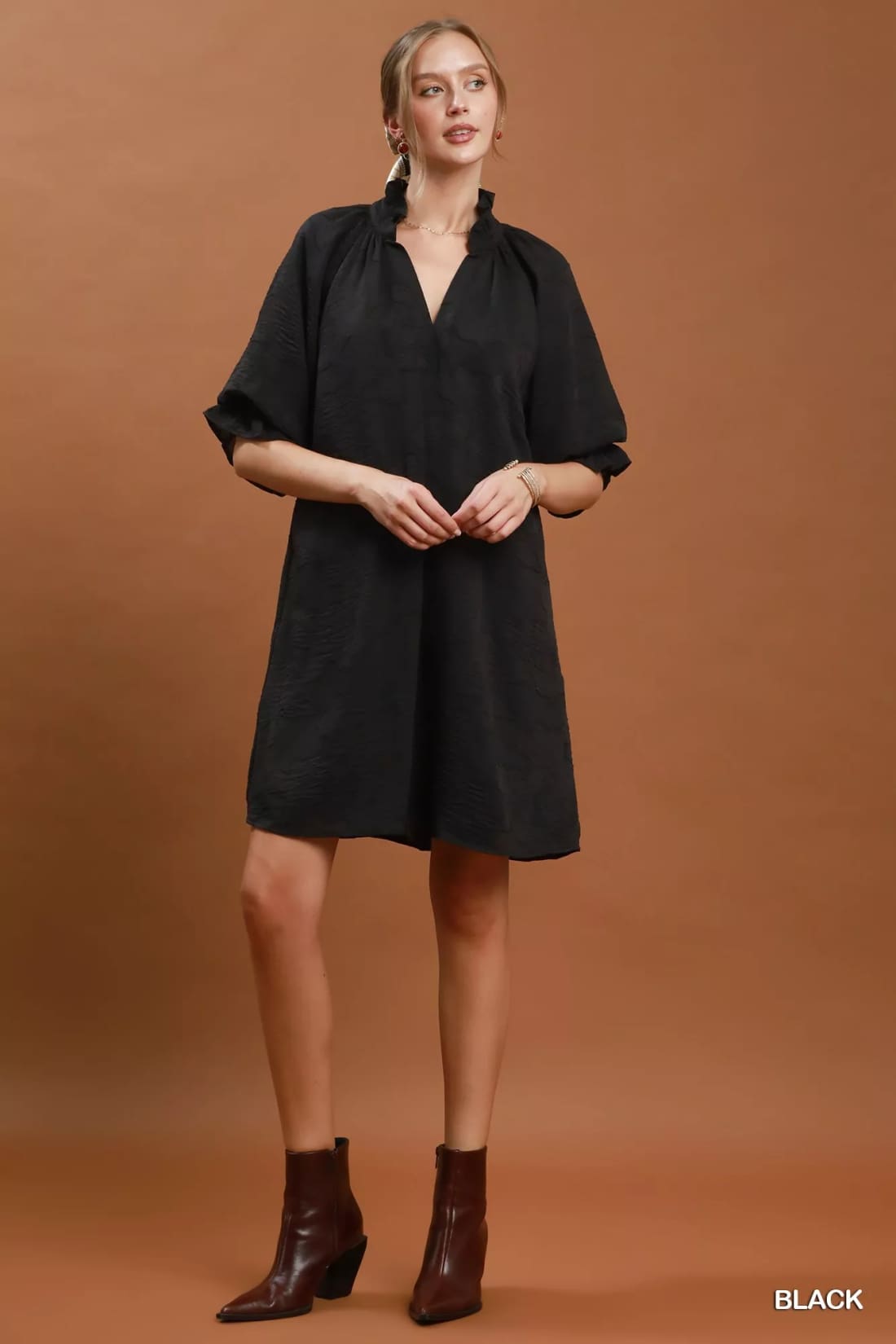 Umgee Floral Textured Jacqaurd V-Neck Dress