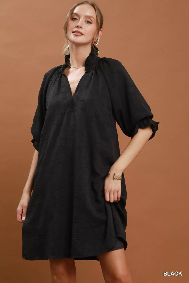 Umgee Floral Textured Jacqaurd V-Neck Dress
