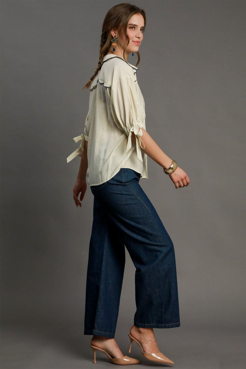 Umgee Full Size Embroidered Detail Button Down Shirt Plus Size