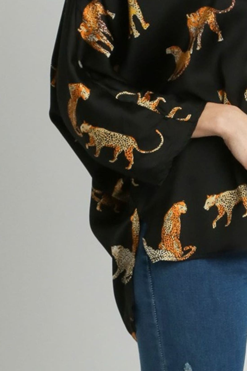 High-Low Satin Animal Print V-Neck Blouse