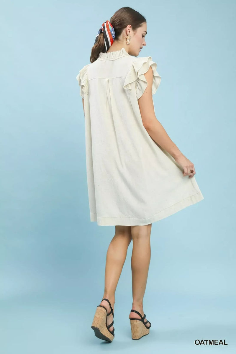 Umgee Linen Flutter Sleeve Shift Dress with Pockets