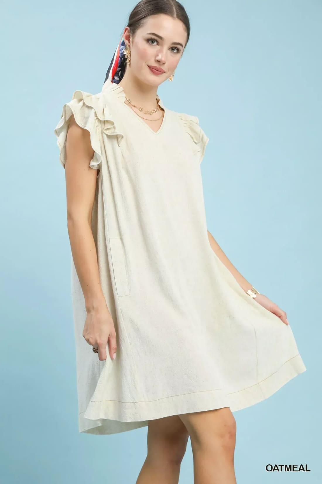 Umgee Linen Flutter Sleeve Shift Dress with Pockets