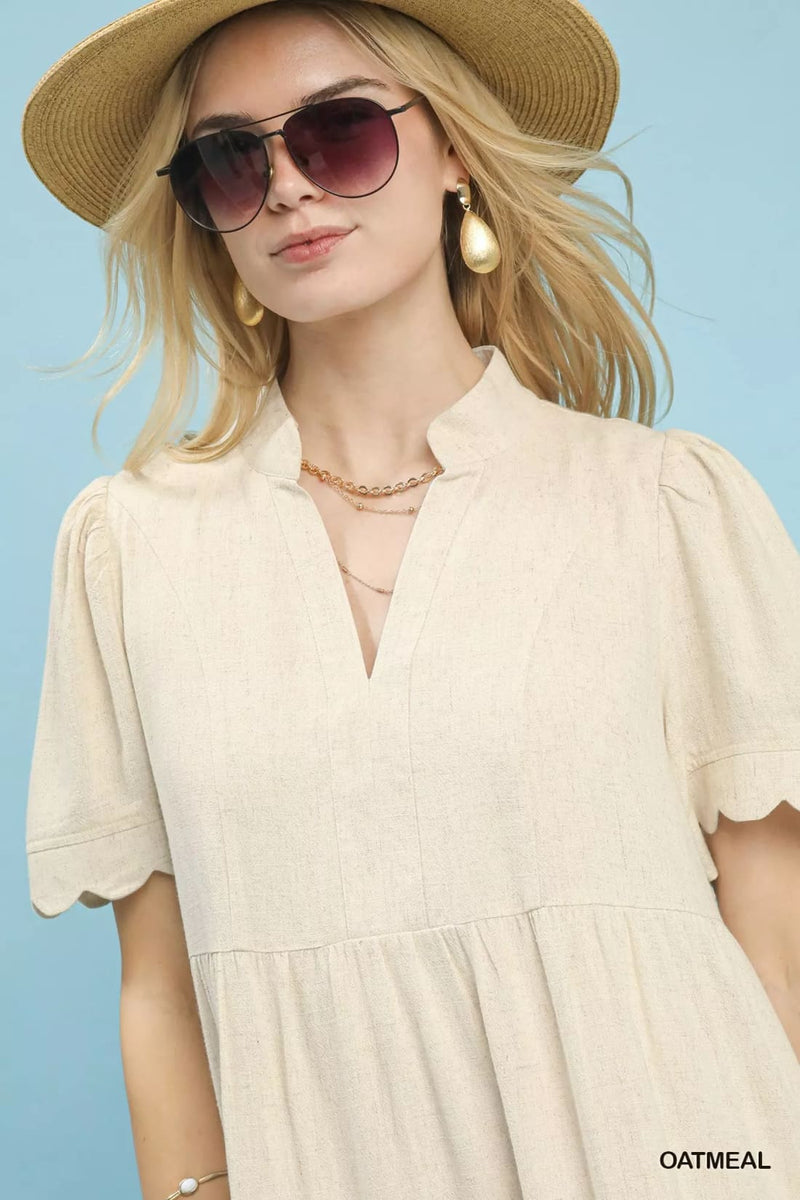 Umgee Linen Tiered Babydoll Dress with Scalloped Sleeves