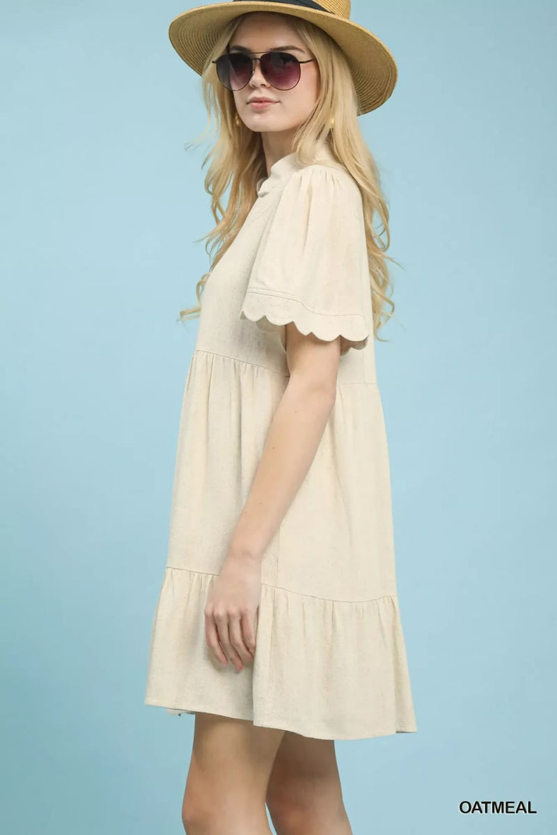 Umgee Linen Tiered Babydoll Dress with Scalloped Sleeves
