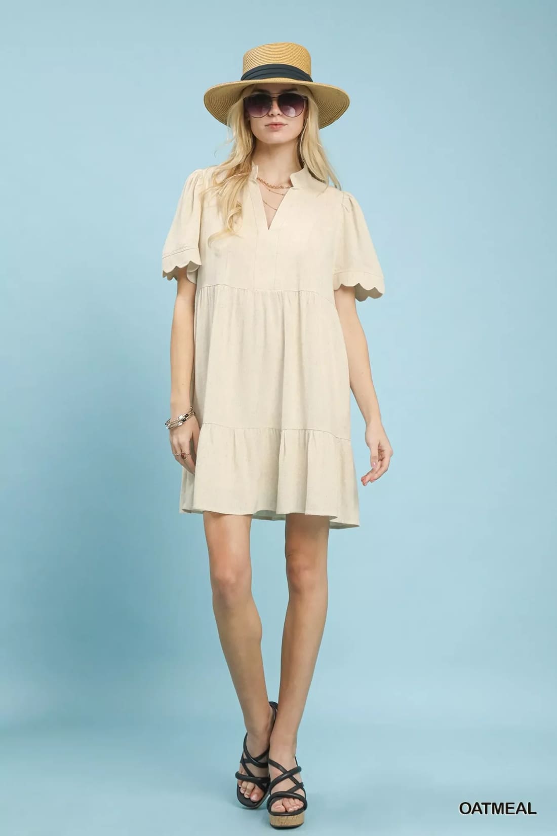 Umgee Linen Tiered Babydoll Dress with Scalloped Sleeves