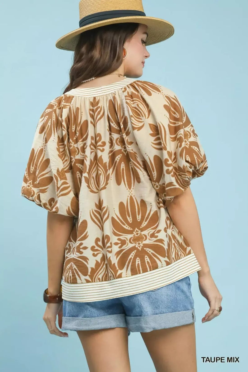 Umgee Mix Printed Puff Sleeve Top with Contrast Trim