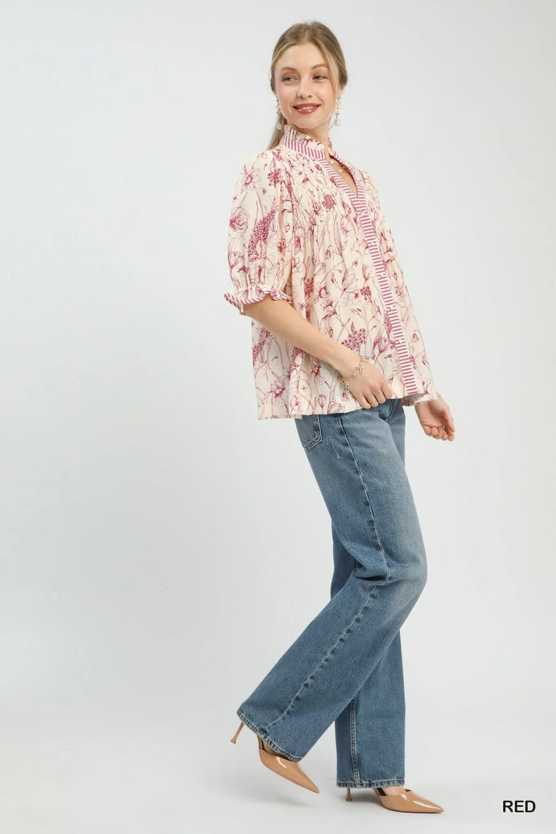 Umgee Mixed Print Button Front Top