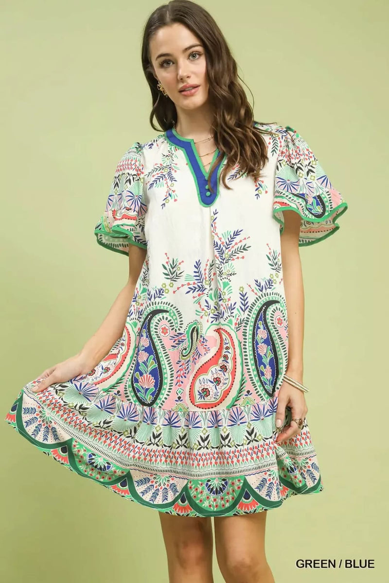 Umgee Paisley Flutter Sleeve Mini Dress