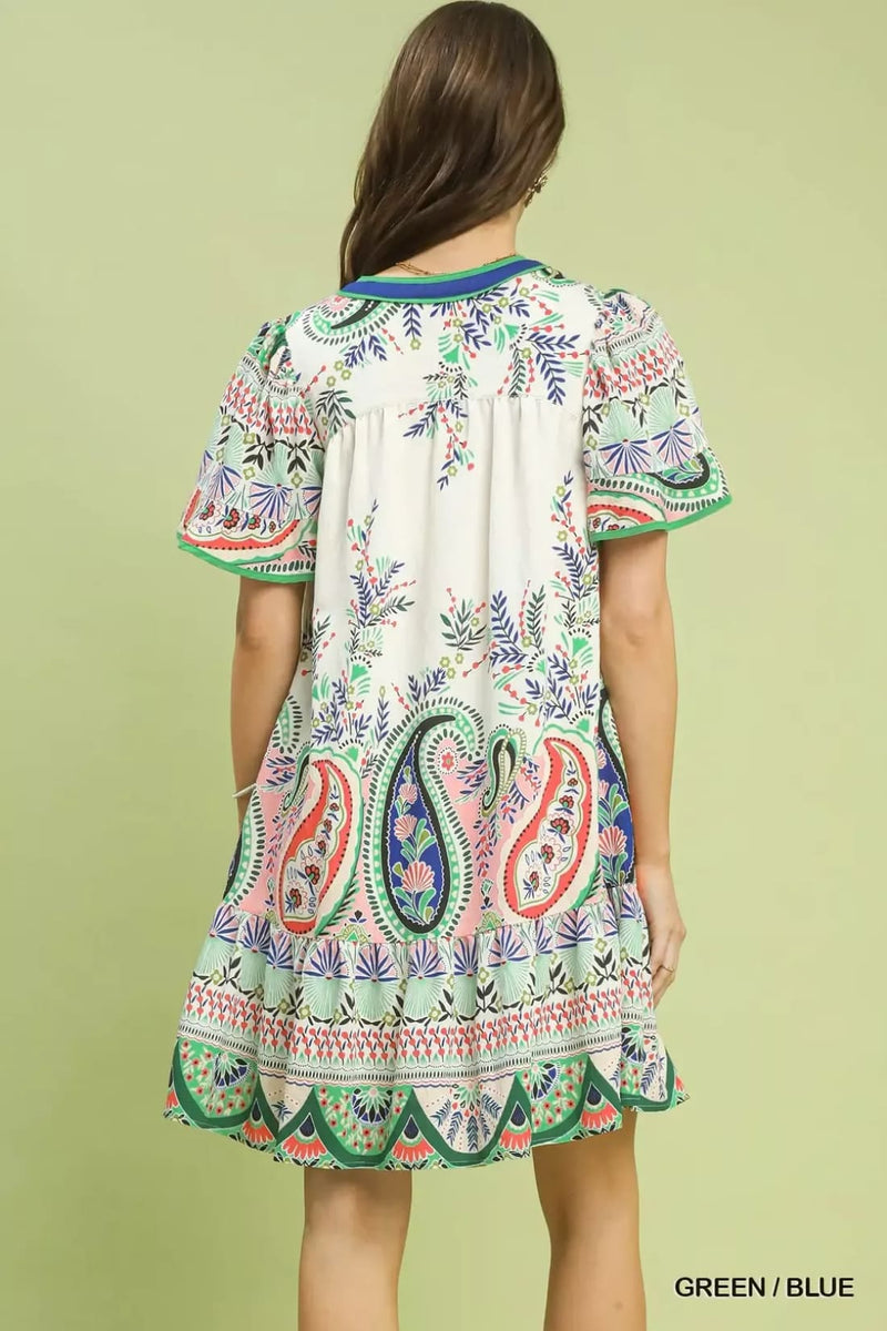 Umgee Paisley Flutter Sleeve Mini Dress