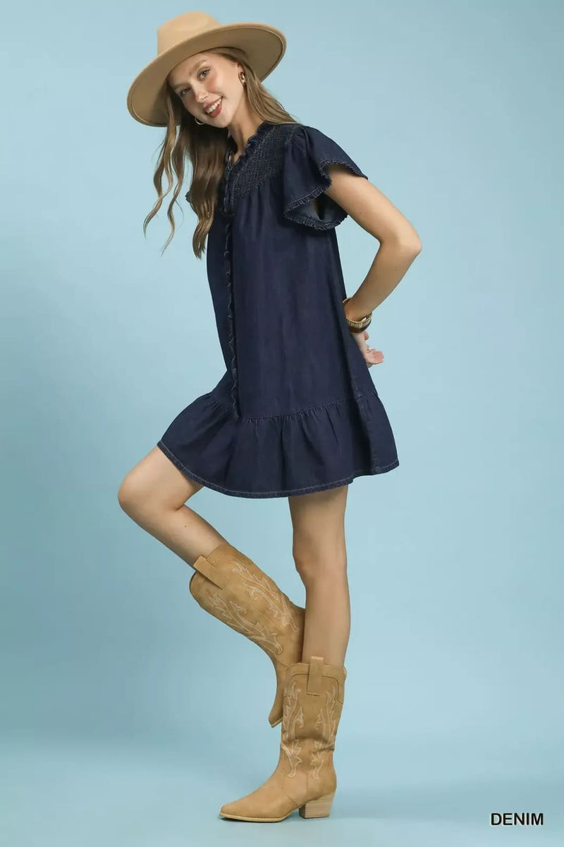 Umgee Ruffled Washed Denim Dress