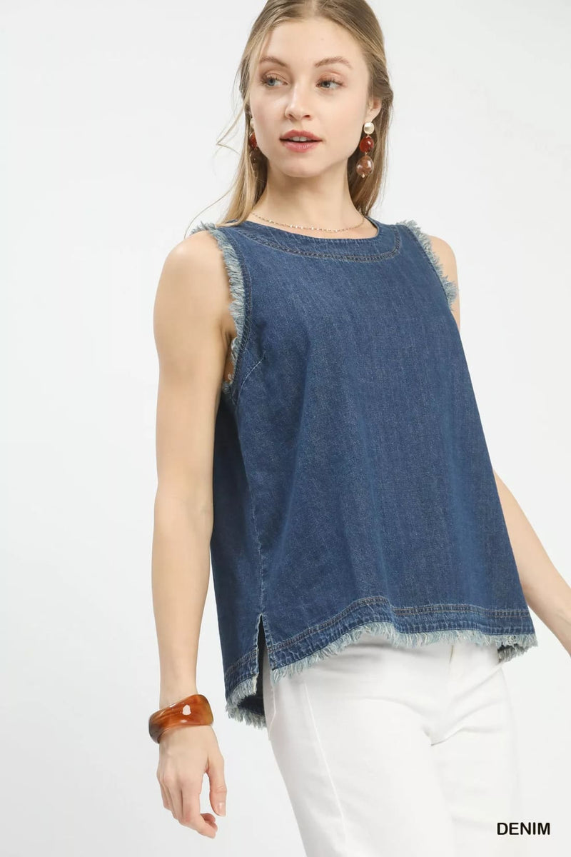 Umgee Sleeveless Fringe Hem Denim Top