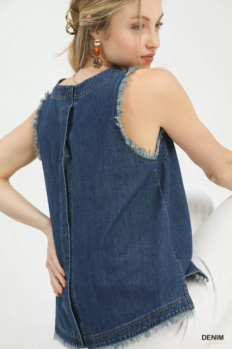 Umgee Sleeveless Fringe Hem Denim Top