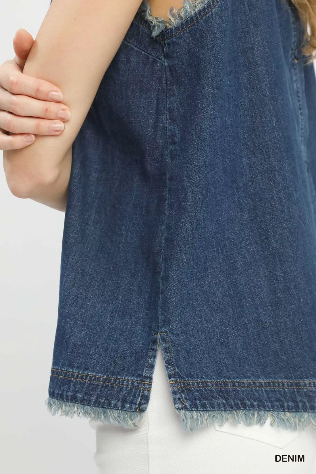 Umgee Sleeveless Fringe Hem Denim Top