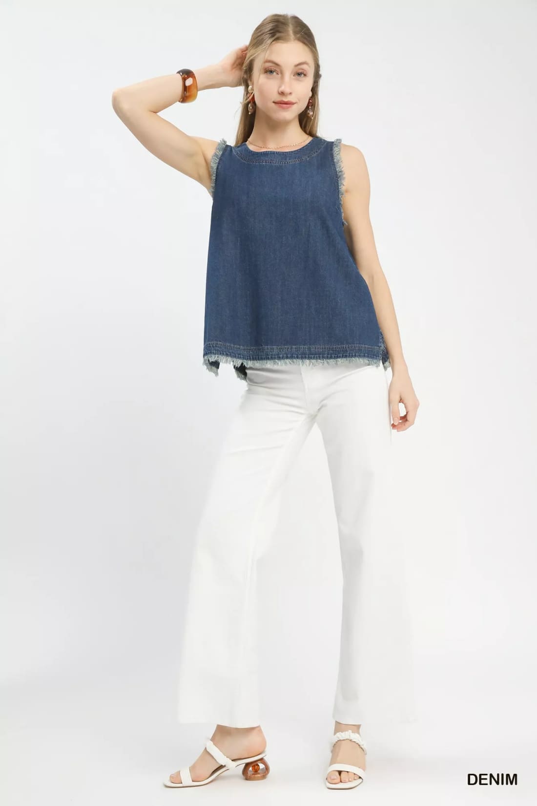Umgee Sleeveless Fringe Hem Denim Top