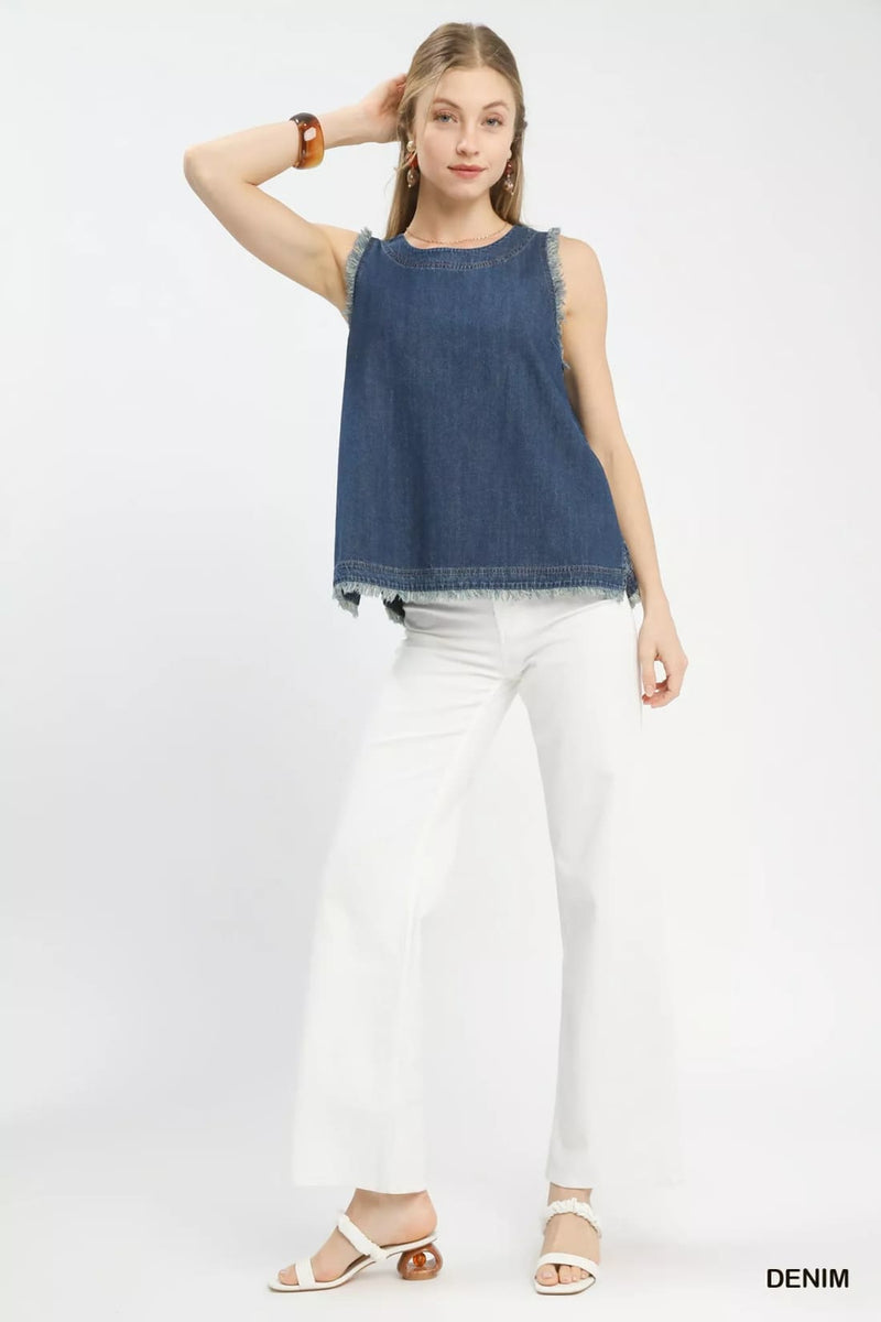 Umgee Sleeveless Fringe Hem Denim Top