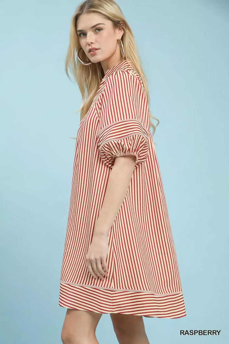 Umgee Striped Puff Sleeve Shift Dress