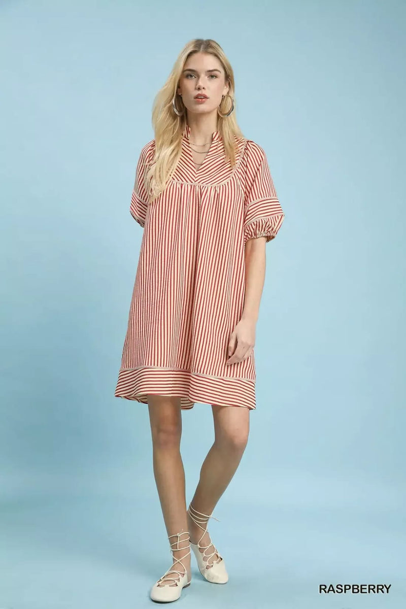 Umgee Striped Puff Sleeve Shift Dress