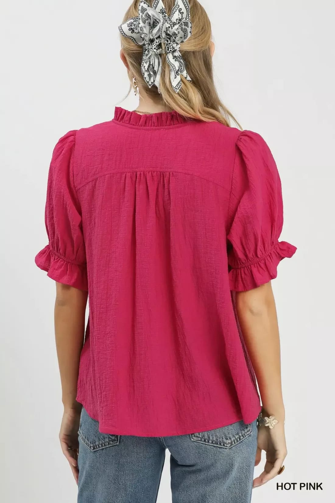 Umgee Textured Button-Front Puff Sleeve Top