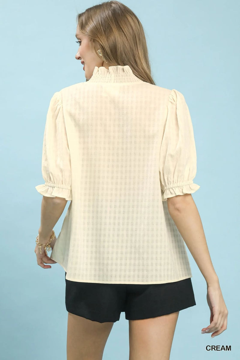 Umgee Textured Check Ruffle V-Neck Blouse