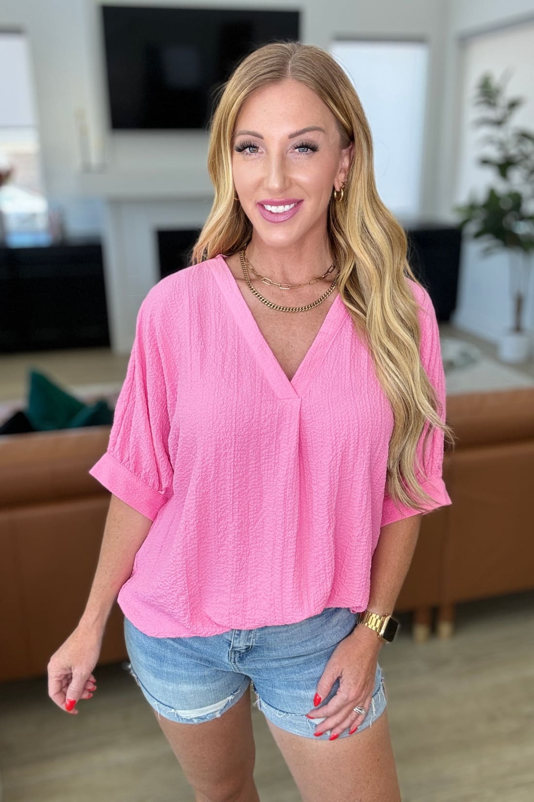 Up For Anything V-Neck Blouse in Pink | Tops