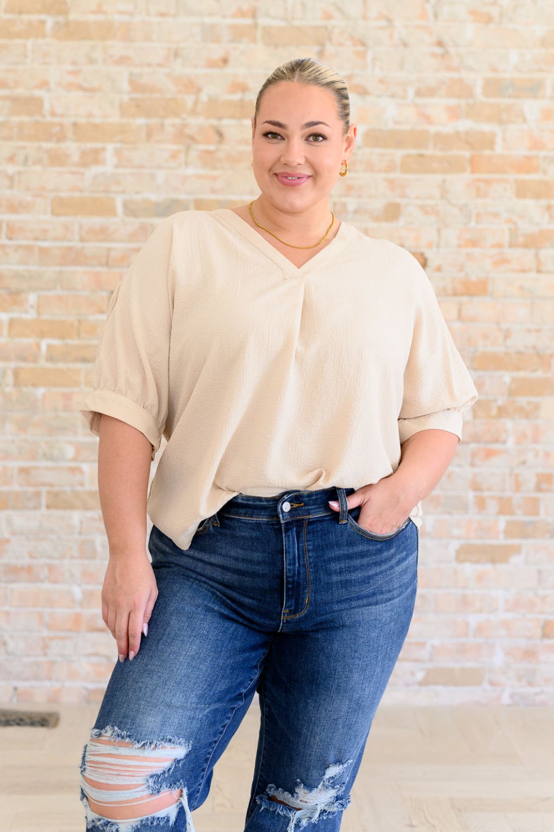 Up For Anything V-Neck Blouse in Taupe | Blouses & Shirts