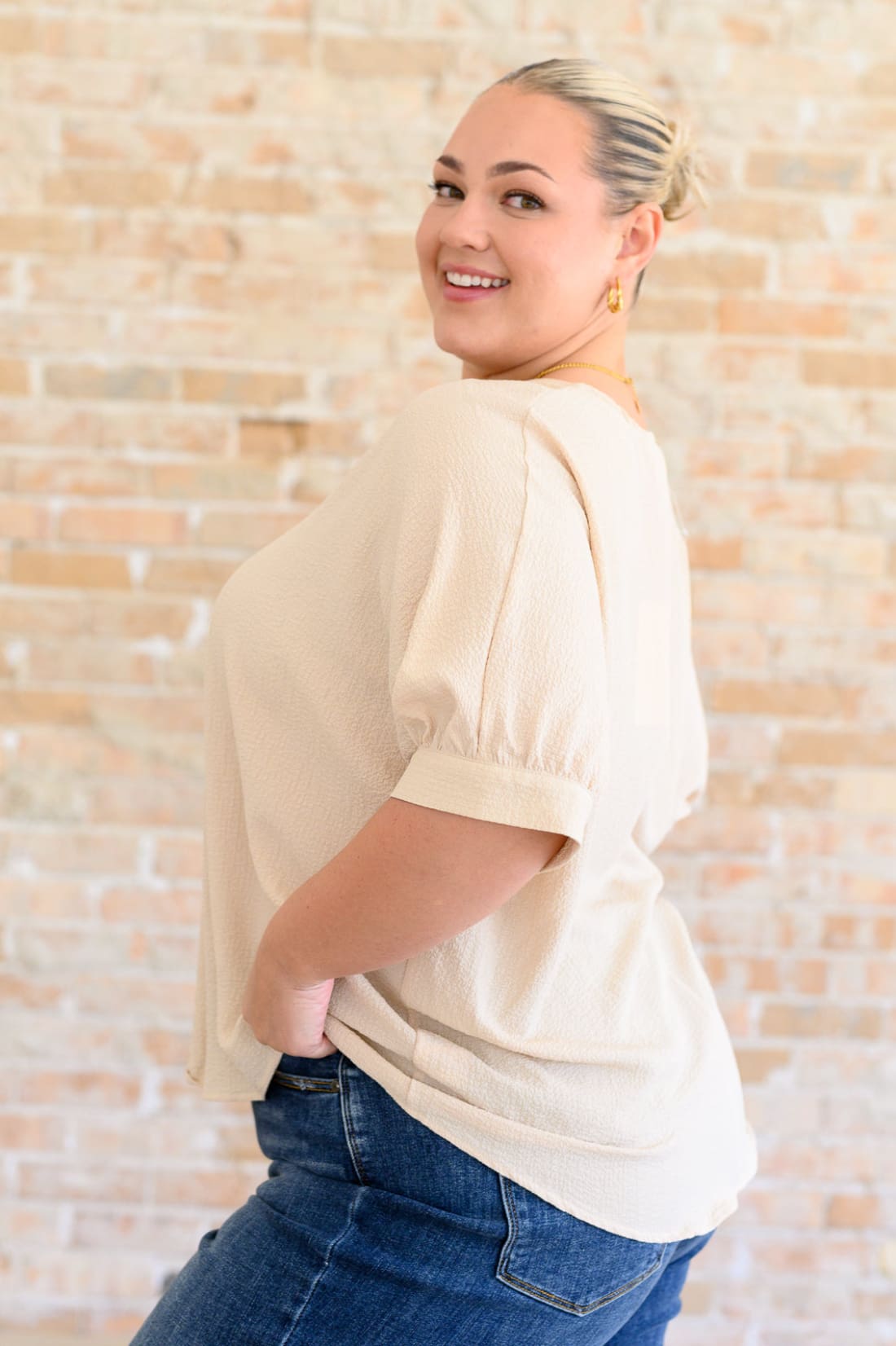 Up For Anything V-Neck Blouse in Taupe | Blouses & Shirts