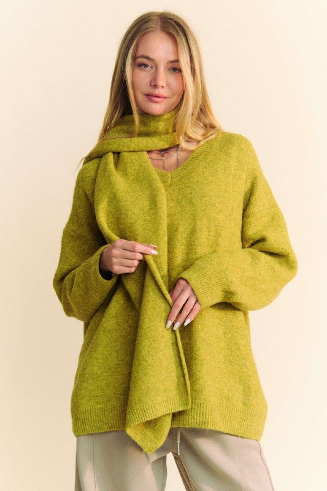 V-Neck Dropped Shoulder Sweater with Scarf in Chartreuse