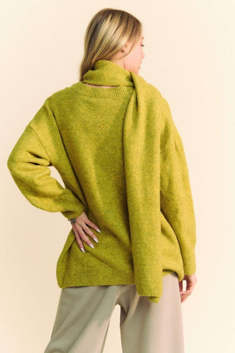 V-Neck Dropped Shoulder Sweater with Scarf in Chartreuse
