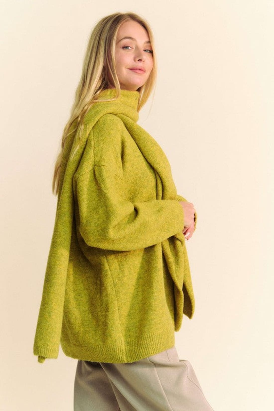 V-Neck Dropped Shoulder Sweater with Scarf in Chartreuse
