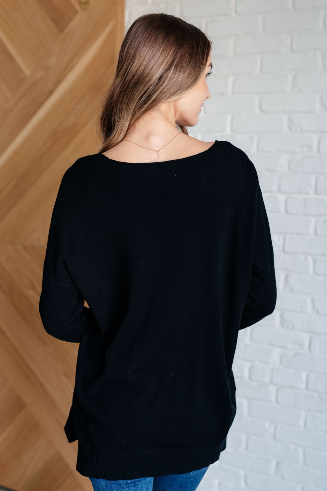 V-Neck Front Seam Sweater in Black | Tops