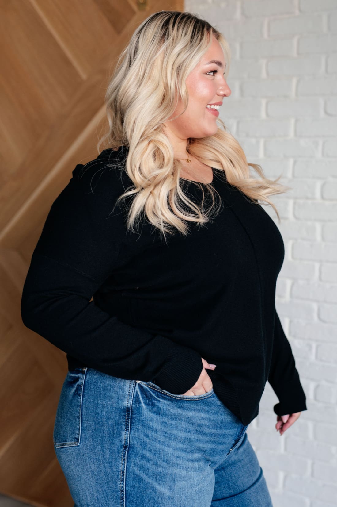 V-Neck Front Seam Sweater in Black | Tops