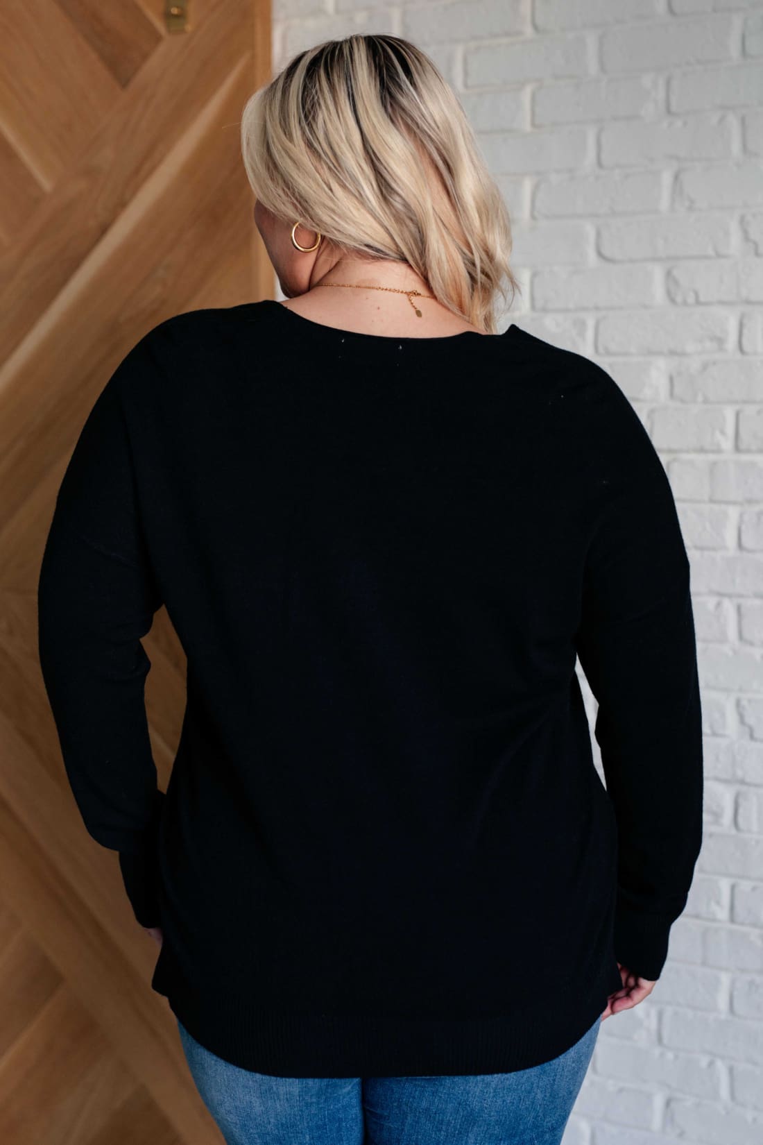 V-Neck Front Seam Sweater in Black | Tops