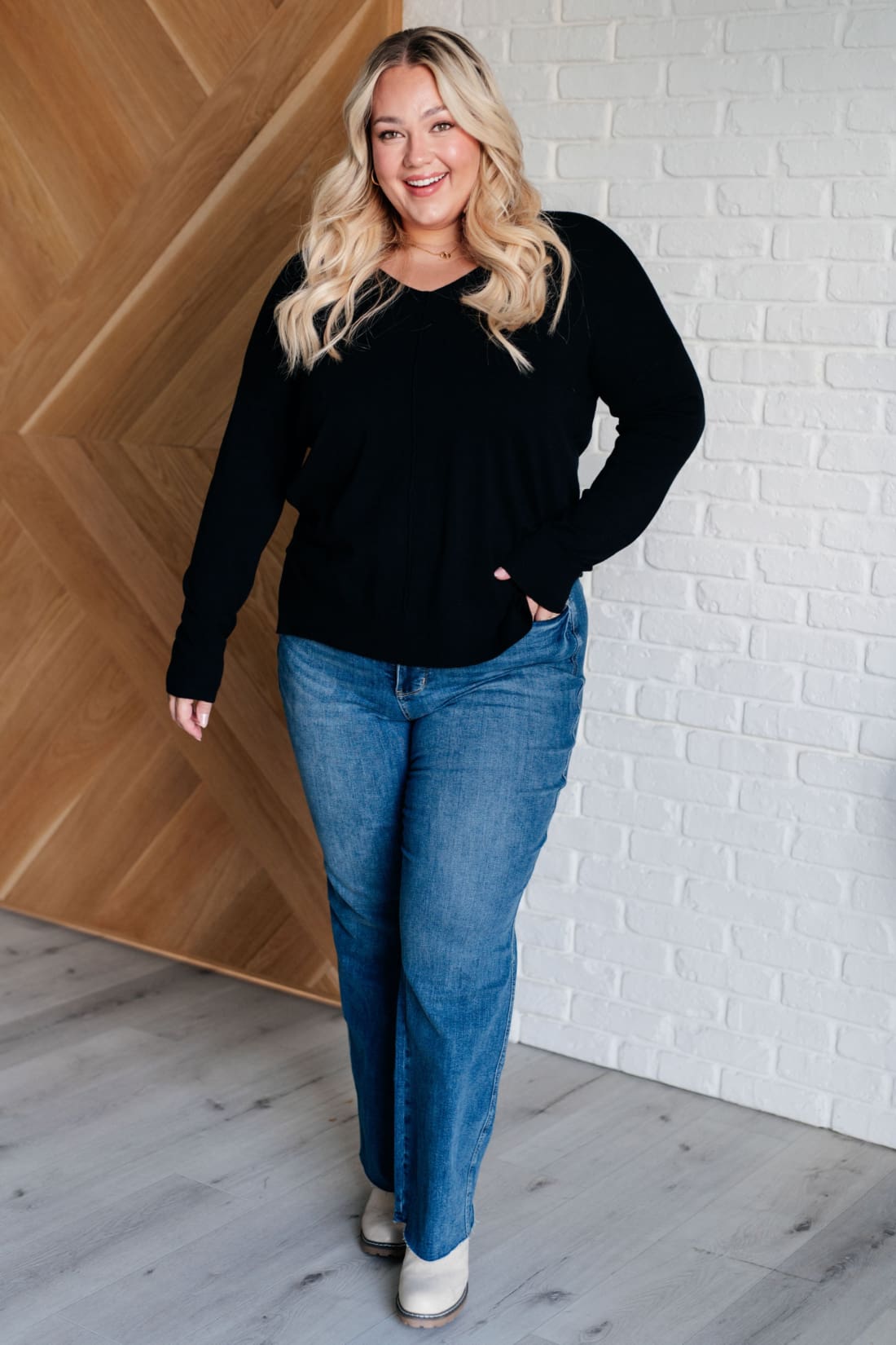 V-Neck Front Seam Sweater in Black | Tops