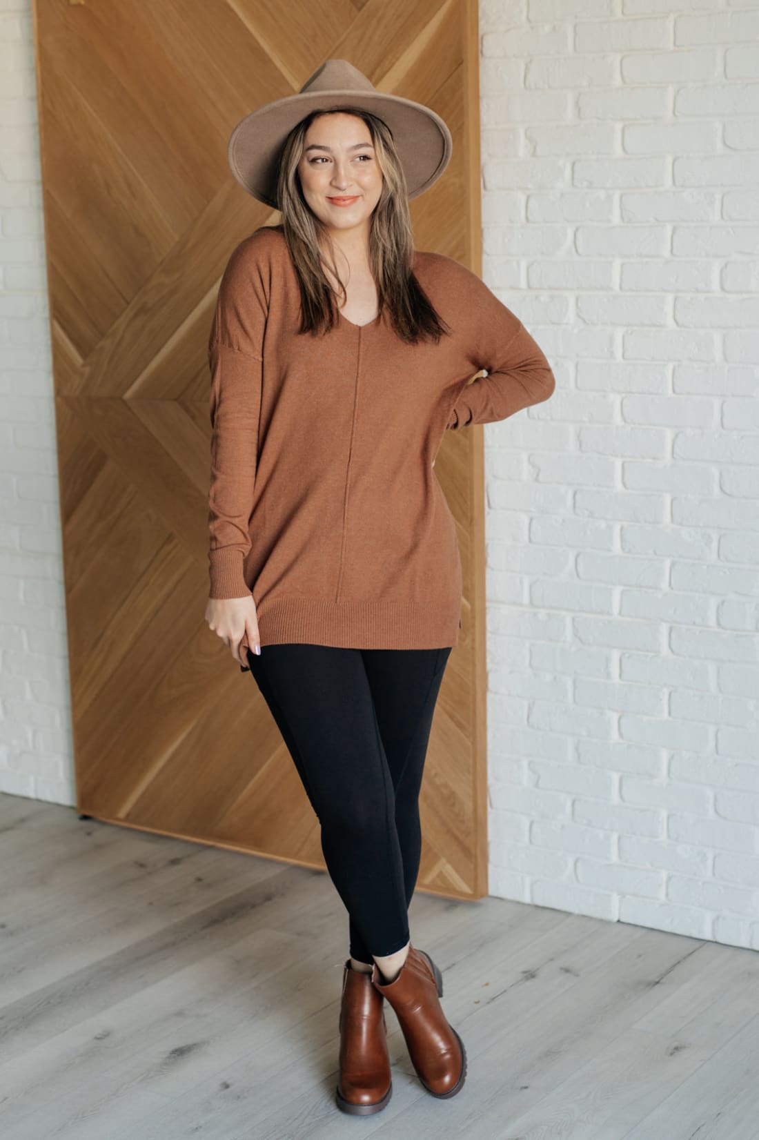 V-Neck Front Seam Sweater in Deep Camel | Sweaters & Cardigans