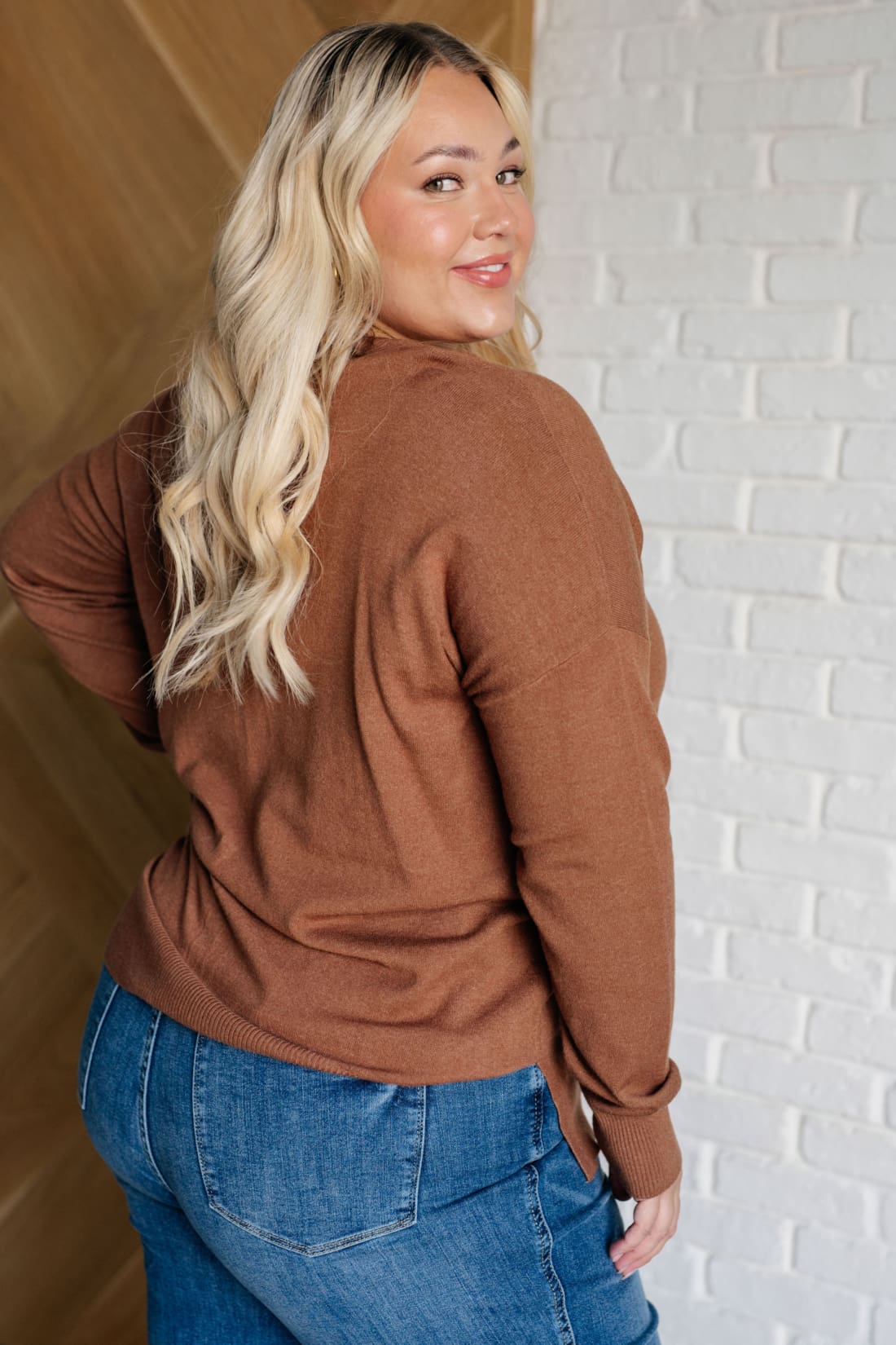 V-Neck Front Seam Sweater in Deep Camel | Sweaters & Cardigans