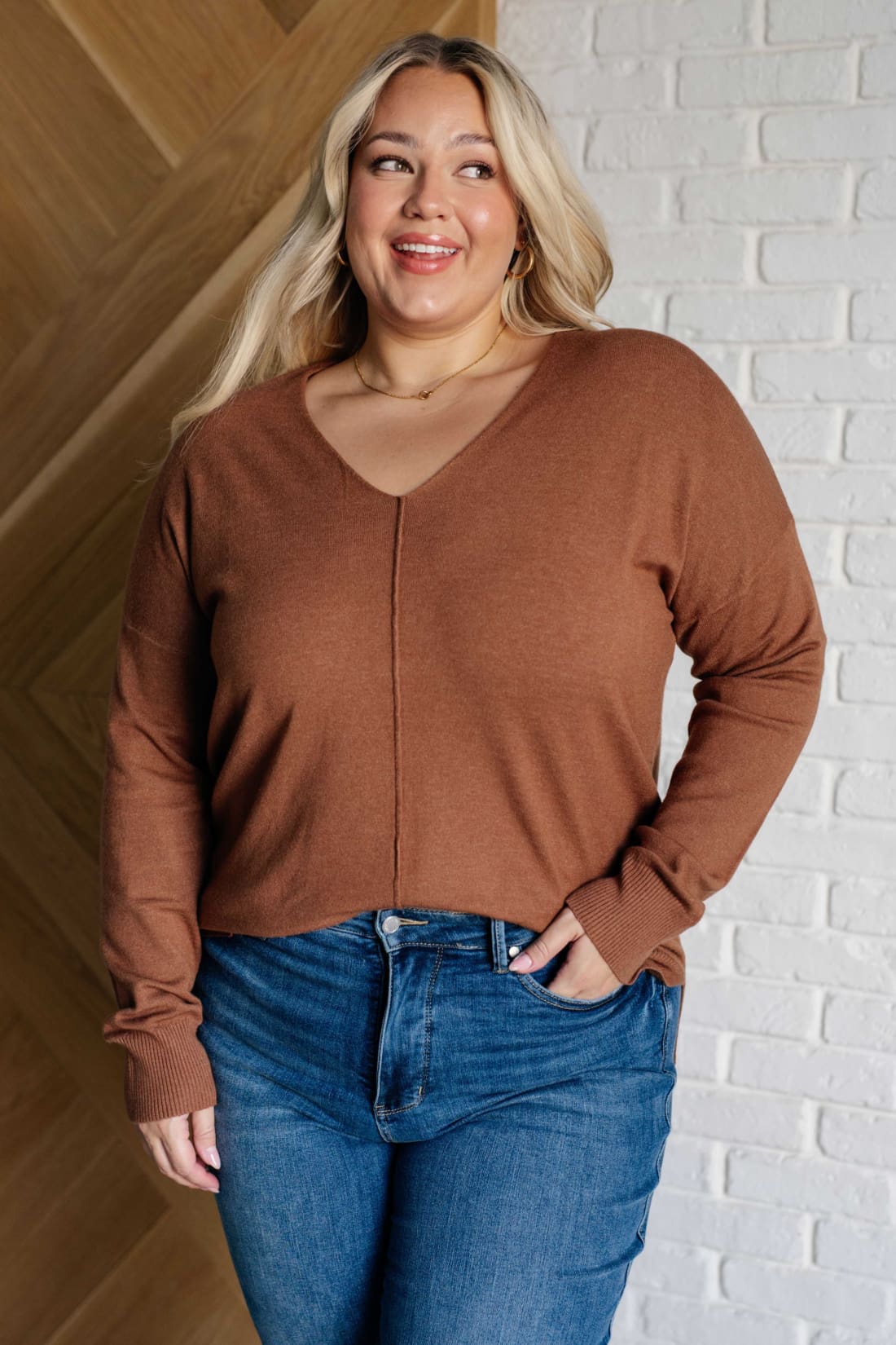 V-Neck Front Seam Sweater in Deep Camel | Sweaters & Cardigans