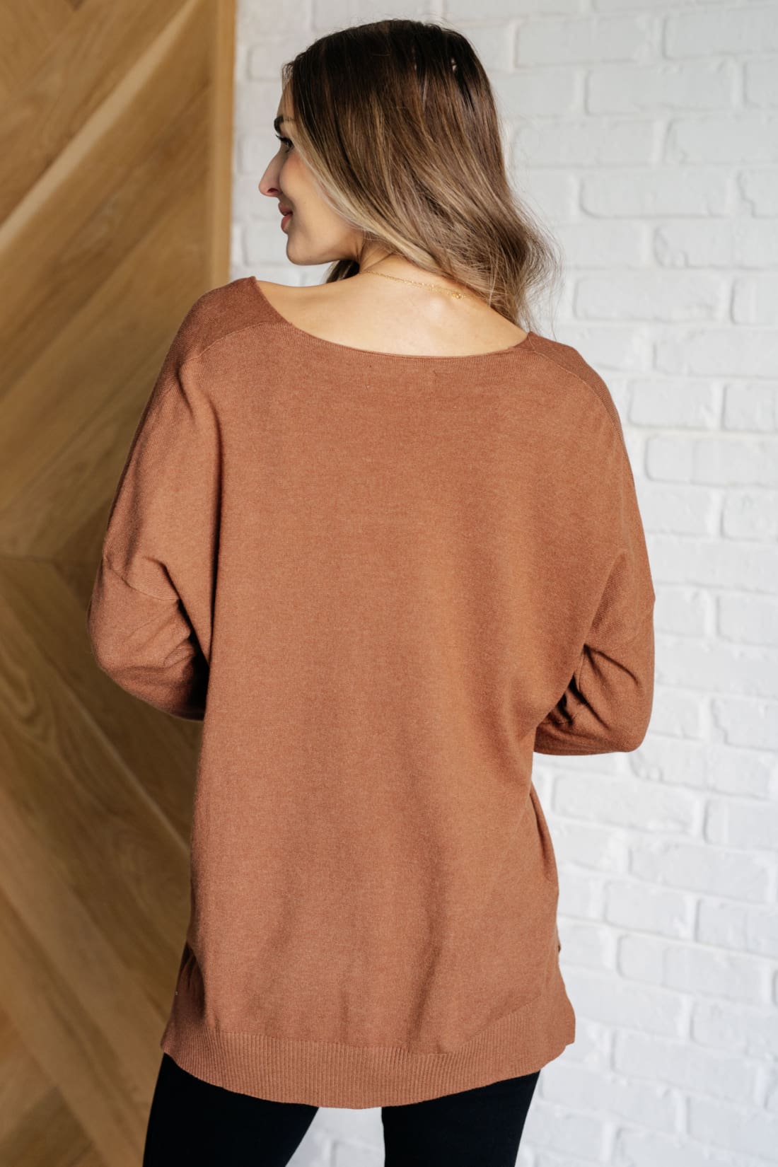 V-Neck Front Seam Sweater in Deep Camel | Sweaters & Cardigans